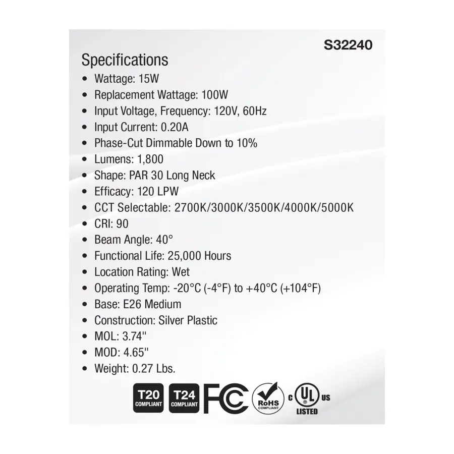 15 Watt PAR30LN High Lumen LED - Long Neck - 27K/30K/35K/40K/50K CCT Selectable - Medium Base - 120 Volt - Image 7
