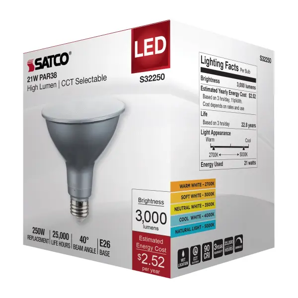 21 Watt PAR38 High Lumen LED - 27K/30K/35K/40K/50K CCT Selectable - Medium Base - 120 Volt - Image 8