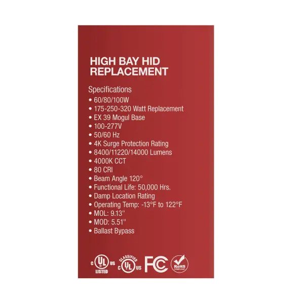 60/80/100 Wattage Selectable - LED - Hi-Bay - Type B - Ballast Bypass - Mogul Extended - 4000K - 100V-277V - 250W-300W Metal Halide Replacement - Image 10
