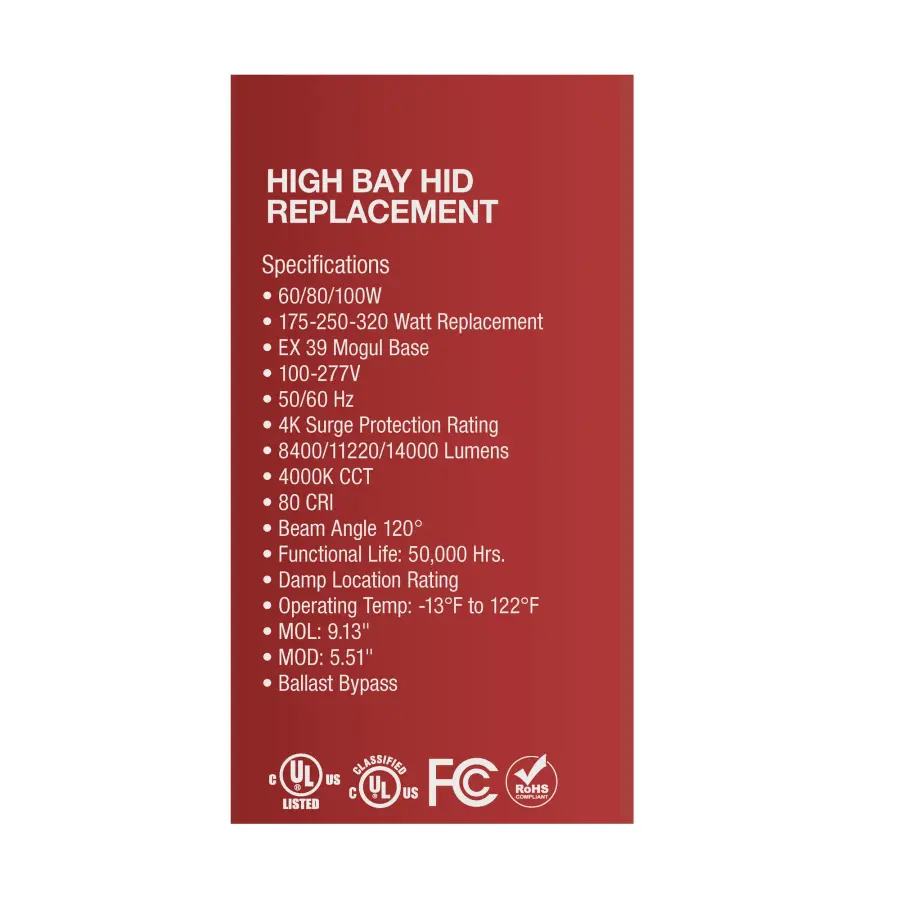 60/80/100 Wattage Selectable - LED - Hi-Bay - Type B - Ballast Bypass - Mogul Extended - 4000K - 100V-277V - 250W-300W Metal Halide Replacement - Image 10