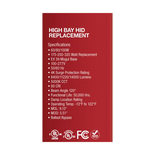 60/80/100 Wattage Selectable - LED - Hi-Bay - Type B - Ballast Bypass - Mogul Extended - 5000K - 100V-277V - 250W-300W Metal Halide Replacement - Image 10