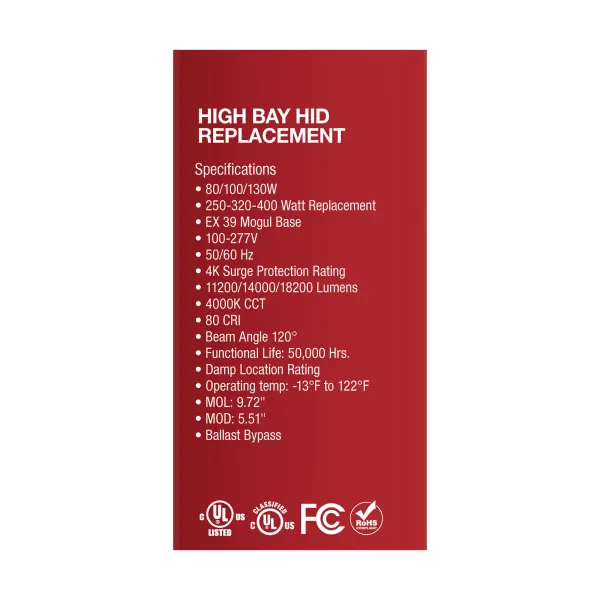 80/100/130 Wattage Selectable - LED - Hi-Bay - Type B - Ballast Bypass - Mogul Extended - 4000K - 100V-277V - 250W-400W Metal Halide Replacement - Image 10