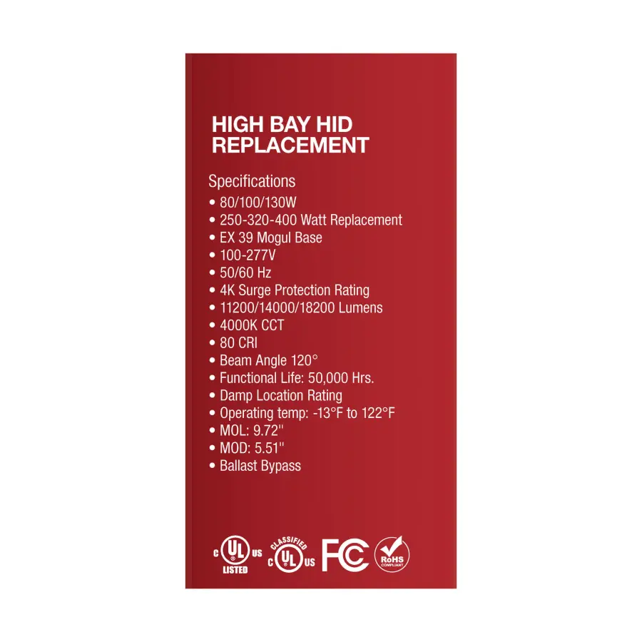 80/100/130 Wattage Selectable - LED - Hi-Bay - Type B - Ballast Bypass - Mogul Extended - 4000K - 100V-277V - 250W-400W Metal Halide Replacement - Image 10