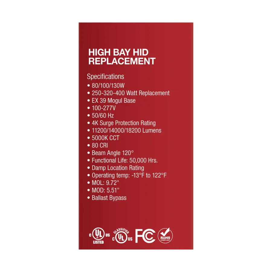 80/100/130 Wattage Selectable - LED - Hi-Bay - Type B - Ballast Bypass - Mogul Extended - 5000K - 100V-277V - 250W-400W Metal Halide Replacement - Image 10
