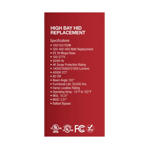 100/120/150 Wattage Selectable - LED - Hi-Bay - Type B - Ballast Bypass - Mogul Extended - 4000K - 100V-277V - 400W-600W Metal Halide Replacement - Image 10