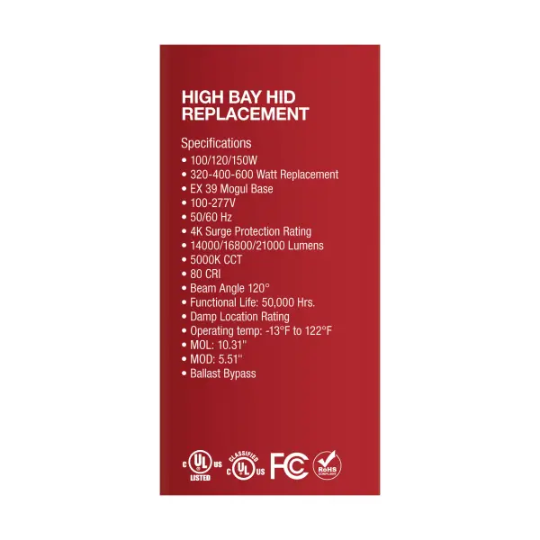 100/120/150 Wattage Selectable - LED - Hi-Bay - Type B - Ballast Bypass - Mogul Extended - 5000K - 100V-277V - 400W-600W Metal Halide Replacement - Image 10
