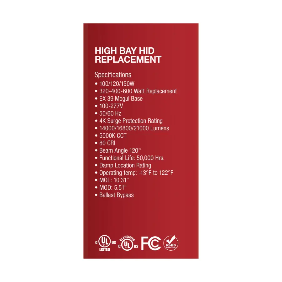 100/120/150 Wattage Selectable - LED - Hi-Bay - Type B - Ballast Bypass - Mogul Extended - 5000K - 100V-277V - 400W-600W Metal Halide Replacement - Image 10