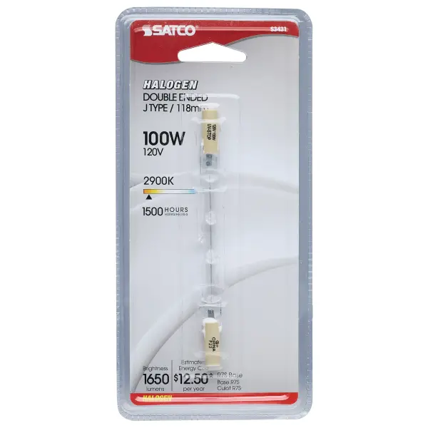 100 Watt - Halogen - T3 - Clear - 1500 Average rated hours - 1650 Lumens - Double Ended base - 118mm - 120 Volt - Carded - alternate view