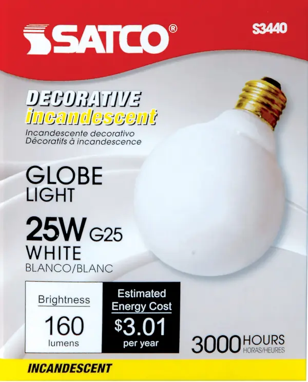 25 Watt G25 Incandescent - Gloss White - 3000 Average rated hours - 160 Lumens - Medium base - 120 Volt - alternate view