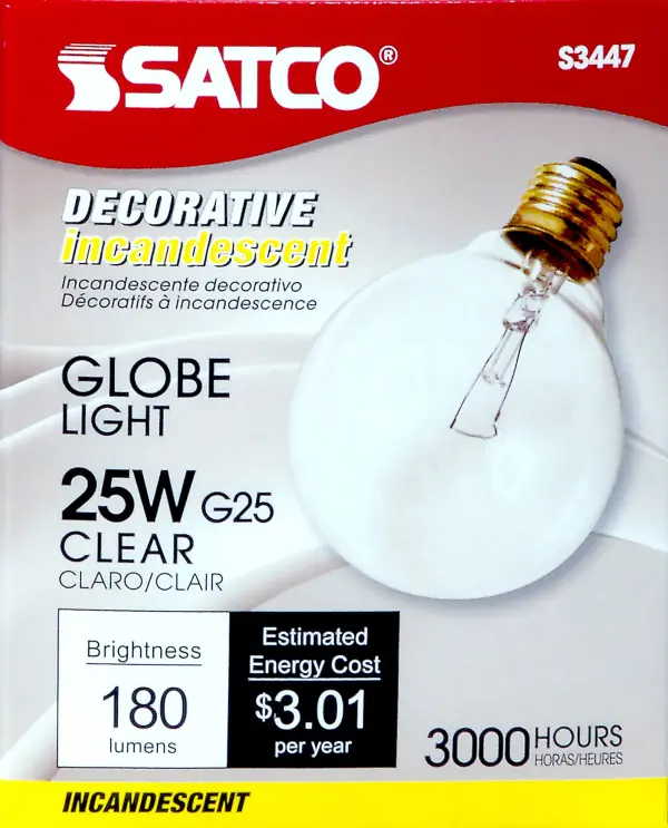 25 Watt G25 Incandescent - Clear - 3000 Average rated hours - 180 Lumens - Medium base - 120 Volt - alternate view