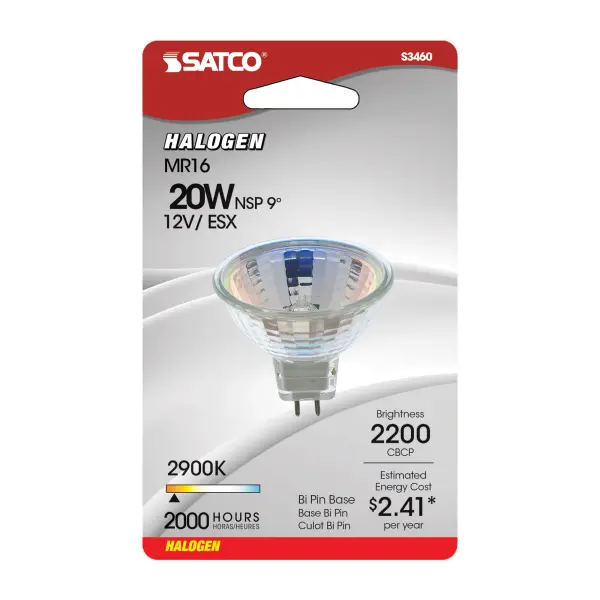 20 Watt - Halogen - MR16 - ESX - 2000 Average rated hours - Miniature 2 Pin Round base - 12 Volt - Carded - alternate view