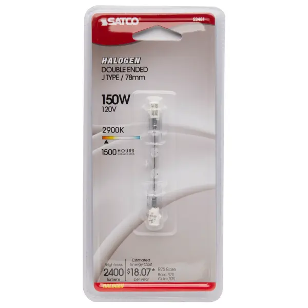 150 Watt - Halogen - T3 - Clear - 1500 Average rated hours - 2400 Lumens - Double Ended base - 78mm - 120 Volt - Carded - alternate view