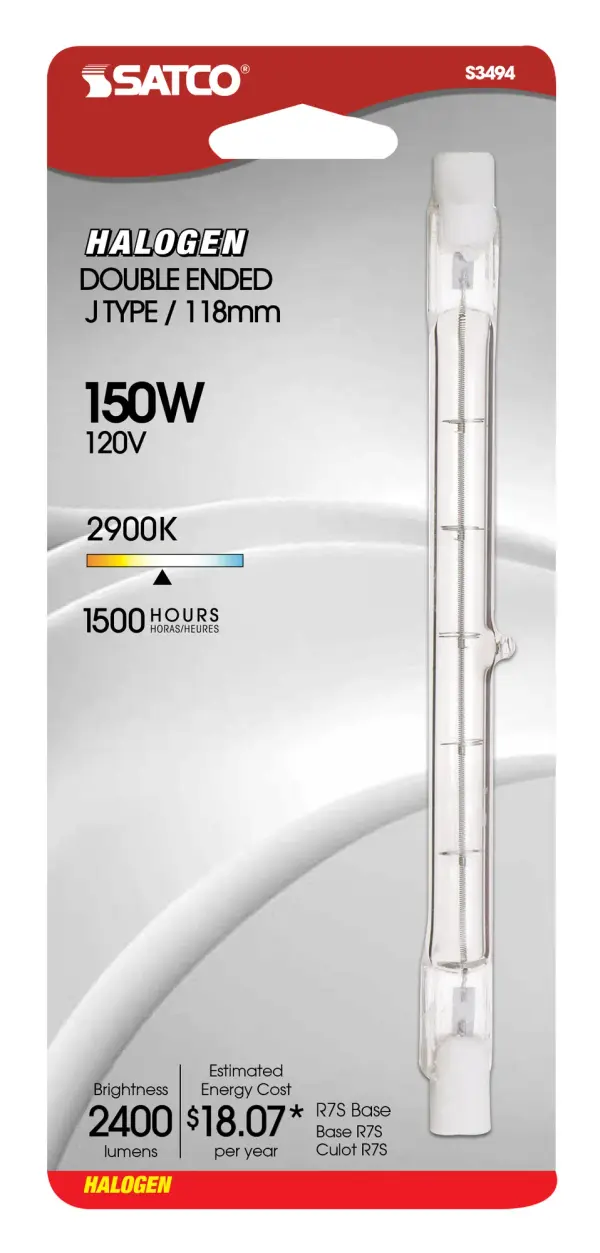 150 Watt - Halogen - T3 - Clear - 1500 Average rated hours - 2400 Lumens - Double Ended base - 118mm - 120 Volt - Carded - alternate view
