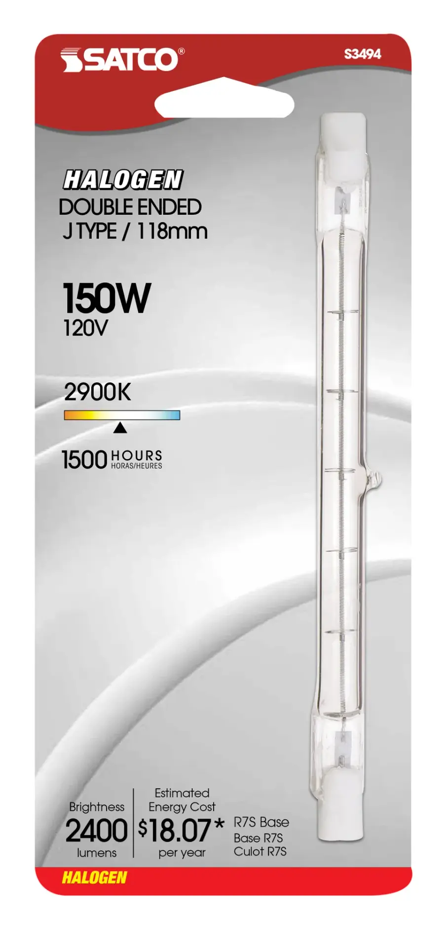 150 Watt - Halogen - T3 - Clear - 1500 Average rated hours - 2400 Lumens - Double Ended base - 118mm - 120 Volt - Carded - Image 2