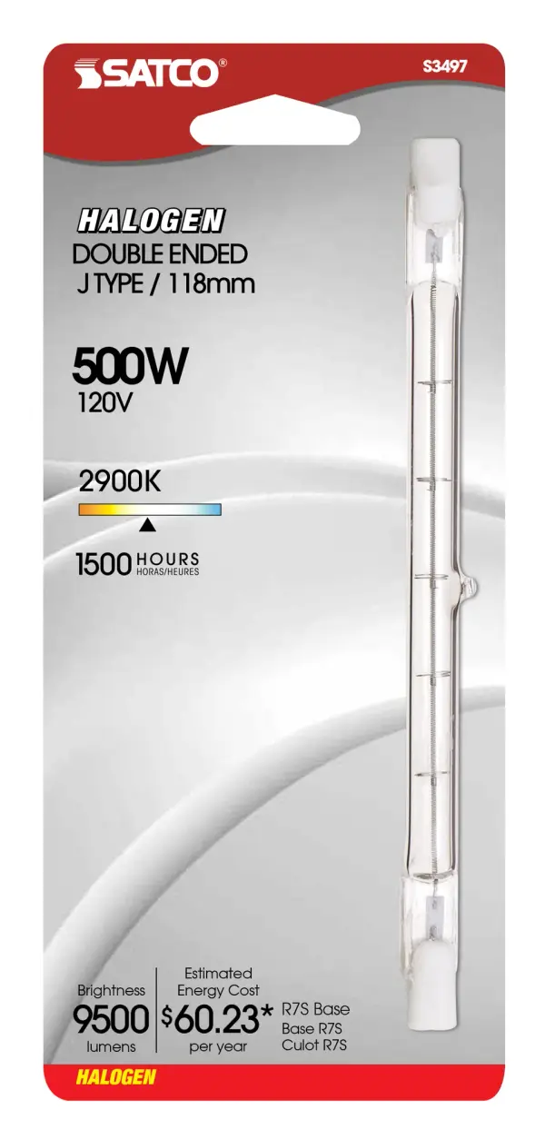 500 Watt - Halogen - T3 - Clear - 1500 Average rated hours - 9500 Lumens - Double Ended base - 120 Volt - Carded - alternate view
