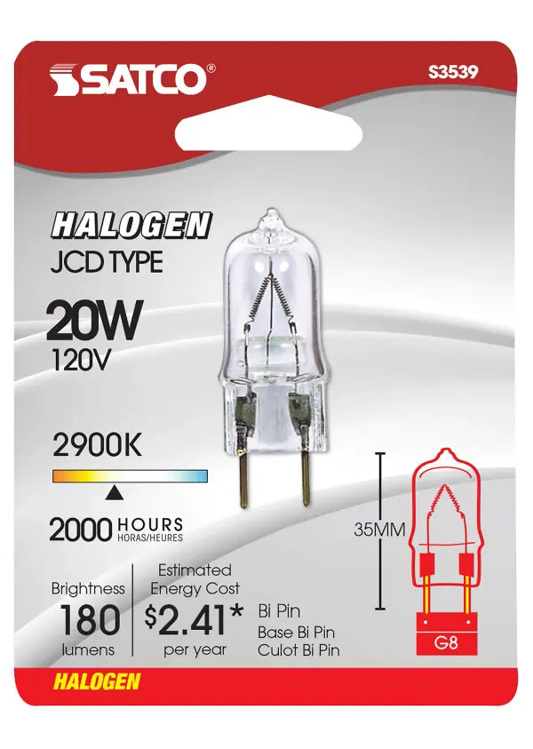 20 Watt - Halogen - T4 - Clear - 2000 Average rated hours - 180 Lumens - Bi Pin G8 base - 120 Volt - Carded - alternate view