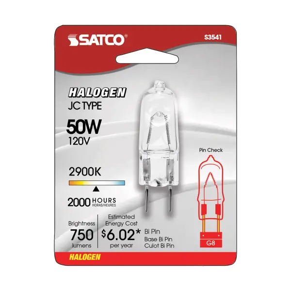 50 Watt - Halogen - T4 - Clear - 2000 Average rated hours - 750 Lumens - Bi Pin G8 base - 120 Volt - Carded - alternate view