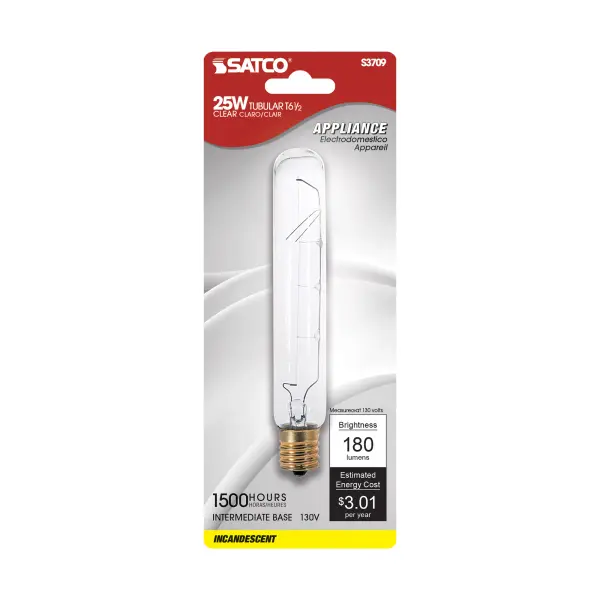 25 Watt T6 1/2 Incandescent - Clear - 1500 Average rated hours - 180 Lumens - Intermediate base - 130 Volt - Carded - Image 2