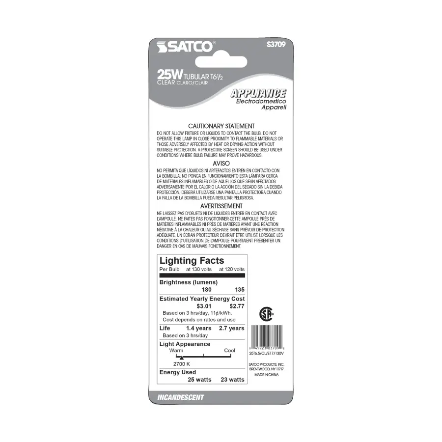 25 Watt T6 1/2 Incandescent - Clear - 1500 Average rated hours - 180 Lumens - Intermediate base - 130 Volt - Carded - Image 3