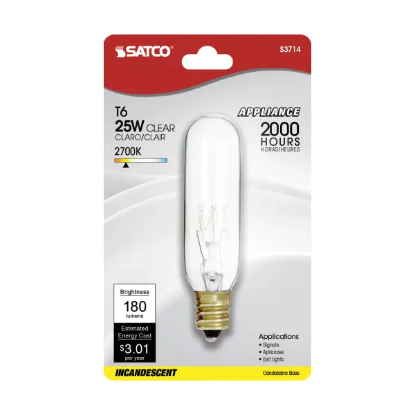 25 Watt - Incandescent - T6 - Clear - 2000 Average rated hours - 180 Lumens - Candelabra base - 120 Volt - Carded - Image 2