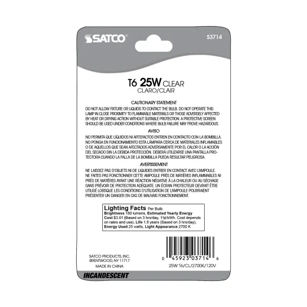 25 Watt - Incandescent - T6 - Clear - 2000 Average rated hours - 180 Lumens - Candelabra base - 120 Volt - Carded - Image 3
