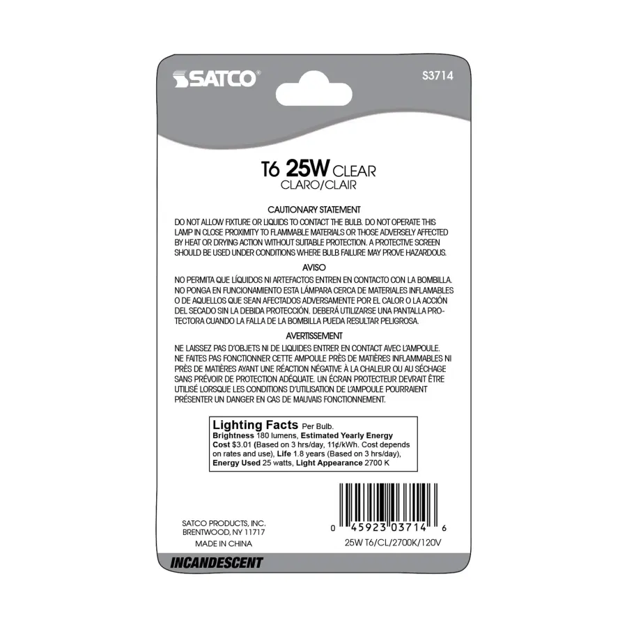 25 Watt - Incandescent - T6 - Clear - 2000 Average rated hours - 180 Lumens - Candelabra base - 120 Volt - Carded - Image 3