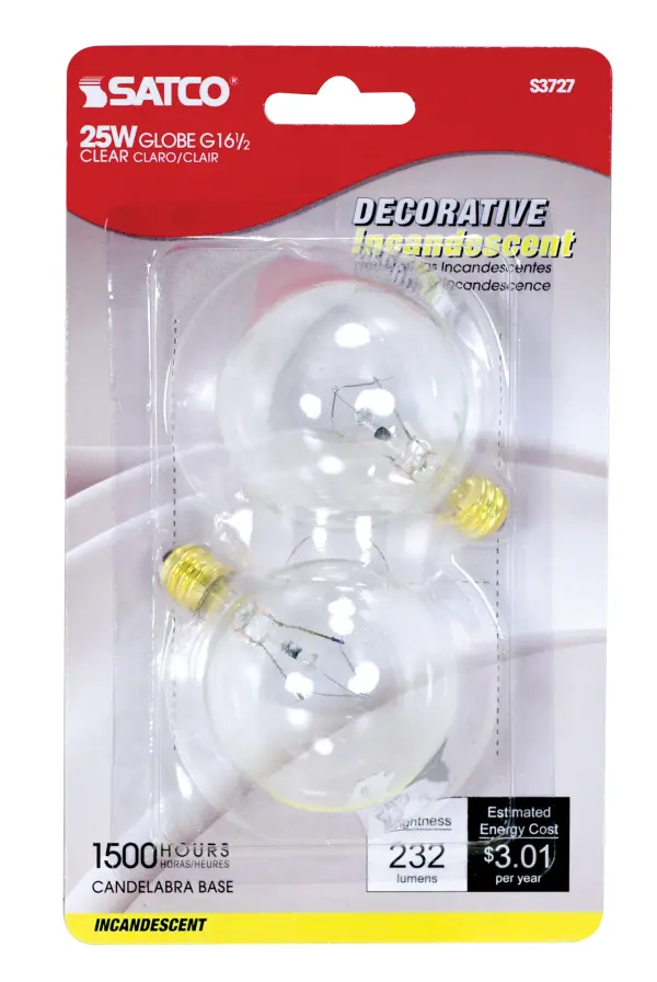 25 Watt G16 1/2 Incandescent - Clear - 1500 Average rated hours - 232 Lumens - Candelabra base - 120 Volt - 2-Card - Image 2