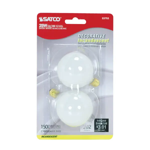 25 Watt G16 1/2 Incandescent - Satin White - 1500 Average rated hours - 202 Lumens - Candelabra base - 120 Volt - 2-Card - Image 2