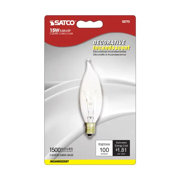 15 Watt CA8 Incandescent - Clear - 1500 Average rated hours - 100 Lumens - Candelabra base - 120 Volt - 2-Card - alternate view