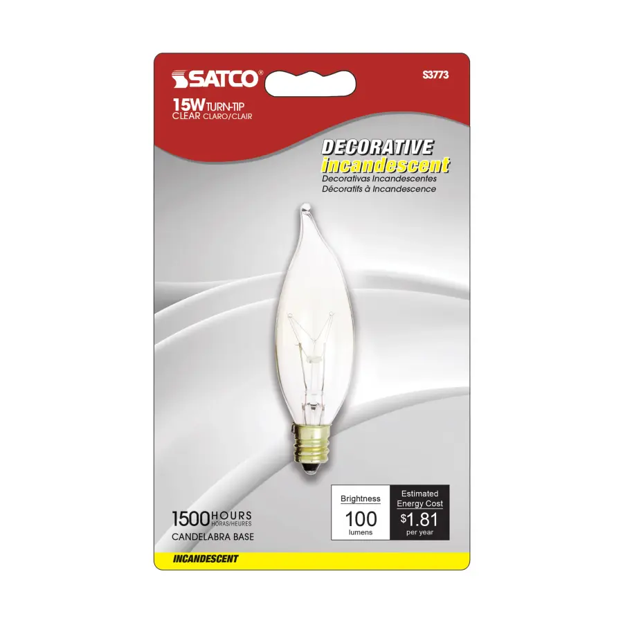 15 Watt CA8 Incandescent - Clear - 1500 Average rated hours - 100 Lumens - Candelabra base - 120 Volt - 2-Card - Image 2