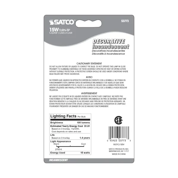 15 Watt CA8 Incandescent - Clear - 1500 Average rated hours - 100 Lumens - Candelabra base - 120 Volt - 2-Card - Image 3