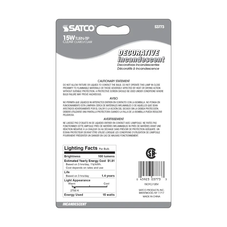 15 Watt CA8 Incandescent - Clear - 1500 Average rated hours - 100 Lumens - Candelabra base - 120 Volt - 2-Card - Image 3