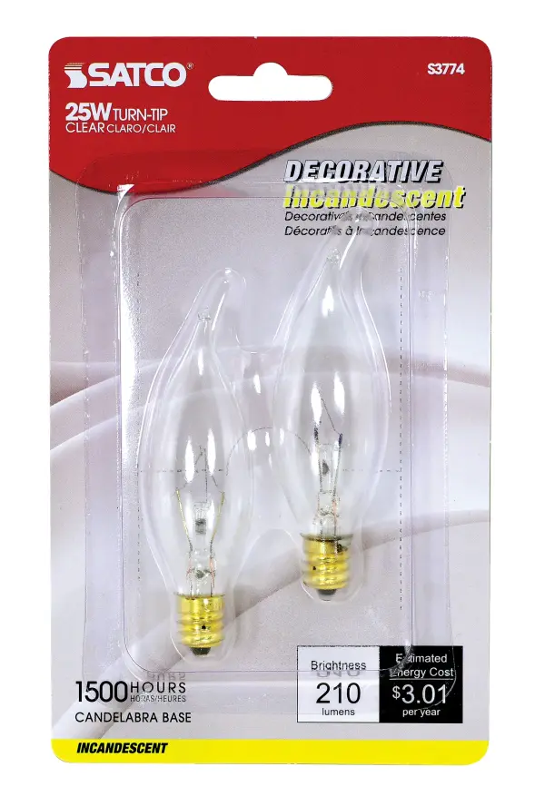25 Watt CA8 Incandescent - Clear - 1500 Average rated hours - 210 Lumens - Candelabra base - 120 Volt - 2-Card - alternate view