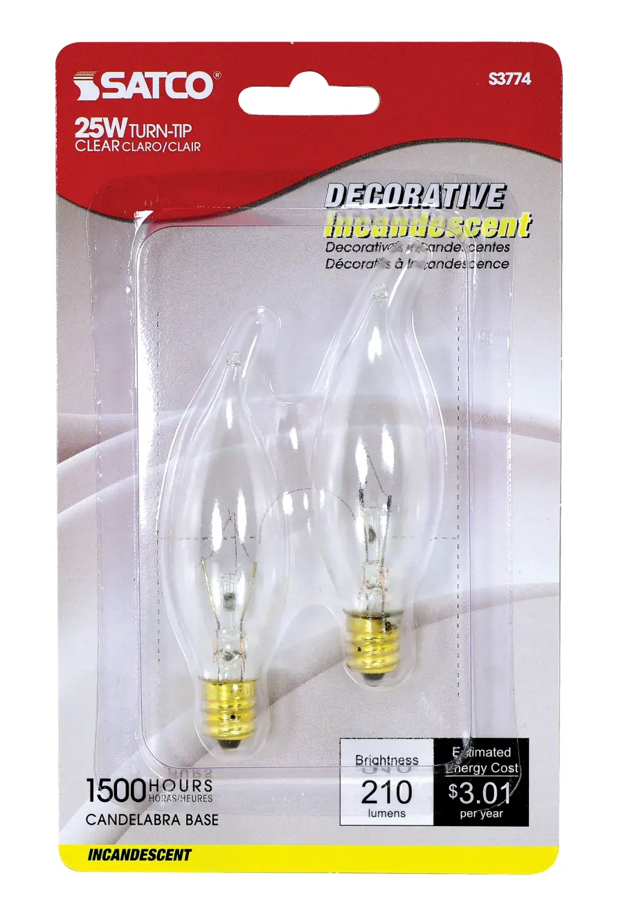 25 Watt CA8 Incandescent - Clear - 1500 Average rated hours - 210 Lumens - Candelabra base - 120 Volt - 2-Card - Image 2