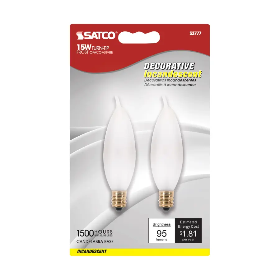 15 Watt CA8 Incandescent - Frost - 1500 Average rated hours - 95 Lumens - Candelabra base - 120 Volt - 2-Card - Image 2