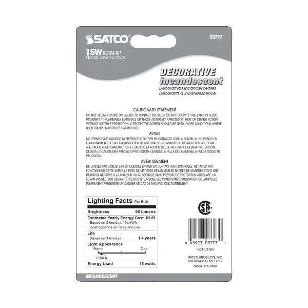 15 Watt CA8 Incandescent - Frost - 1500 Average rated hours - 95 Lumens - Candelabra base - 120 Volt - 2-Card - Image 3