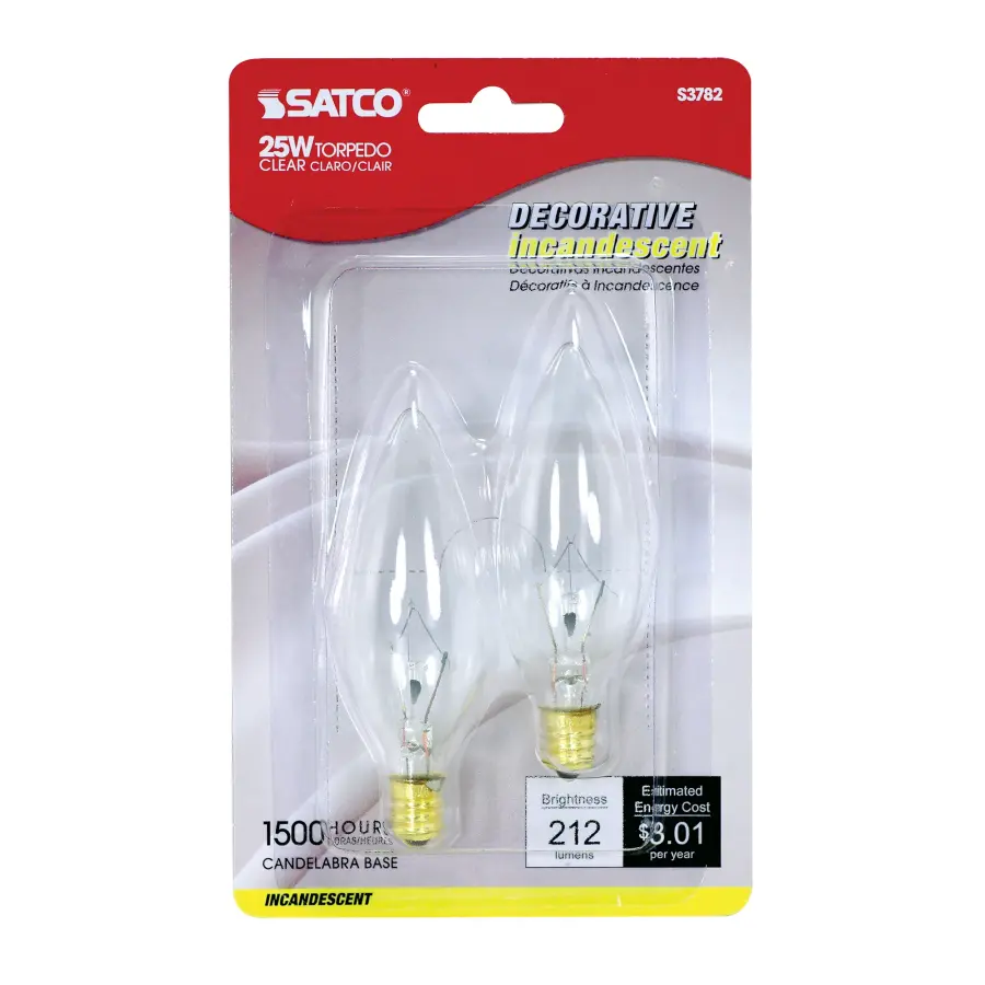 25 Watt BA9 1/2 Incandescent - Clear - 1500 Average rated hours - 212 Lumens - Candelabra base - 120 Volt - 2-Card - Image 2
