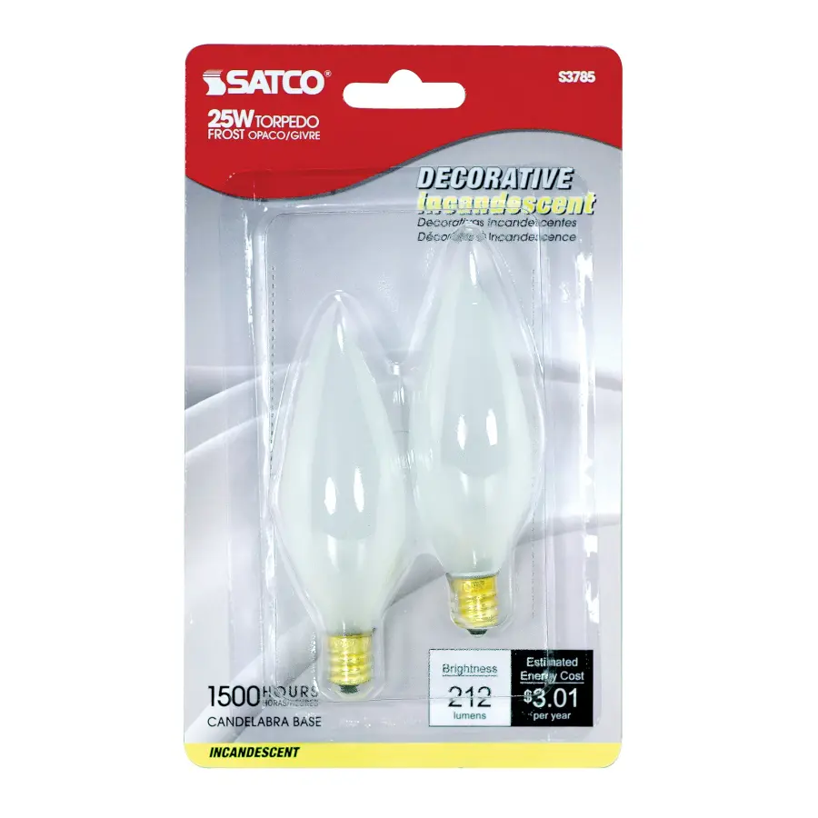 25 Watt BA9 1/2 Incandescent - Frost - 1500 Average rated hours - 212 Lumens - Candelabra base - 120 Volt - 2-Card - Image 2