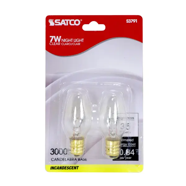 7 Watt C7 Incandescent - Clear - 3000 Average rated hours - 35 Lumens - Candelabra base - 120 Volt - 2-Card - alternate view