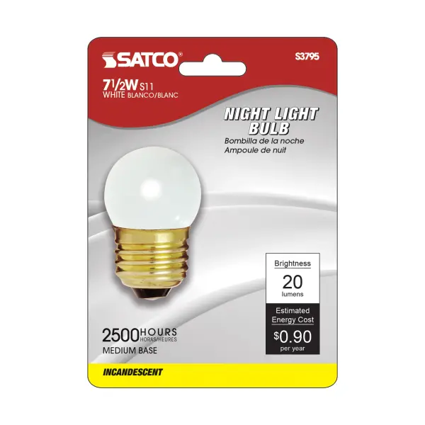 7.5 Watt S11 Incandescent - Gloss White - 2500 Average rated hours - 20 Lumens - Medium base - 120 Volt - Carded - alternate view