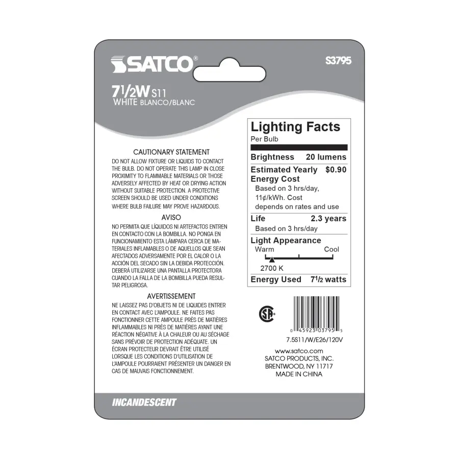7.5 Watt S11 Incandescent - Gloss White - 2500 Average rated hours - 20 Lumens - Medium base - 120 Volt - Carded - Image 3