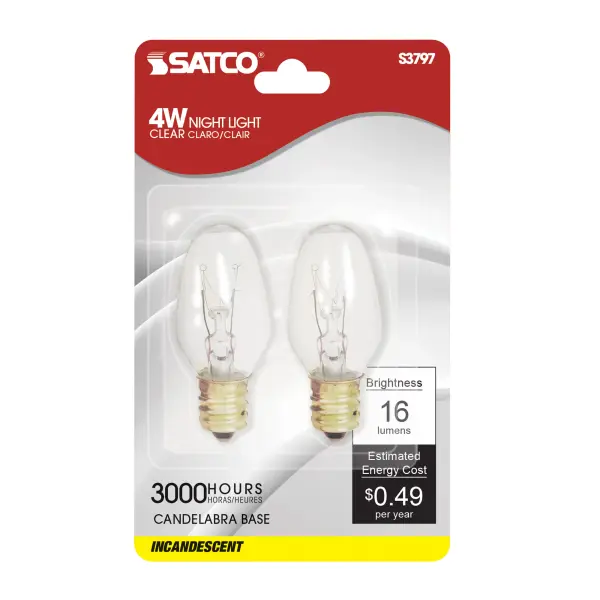 4 Watt C7 Incandescent - Clear - 3000 Average rated hours - 16 Lumens - Candelabra base - 120 Volt - 2-Card - alternate view