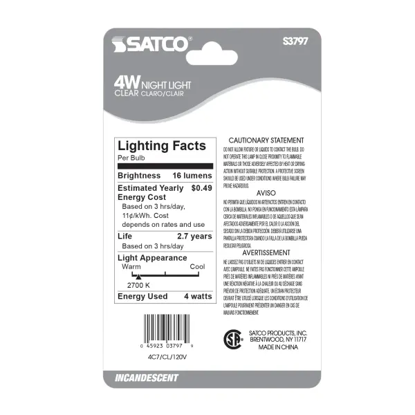 4 Watt C7 Incandescent - Clear - 3000 Average rated hours - 16 Lumens - Candelabra base - 120 Volt - 2-Card - Image 3