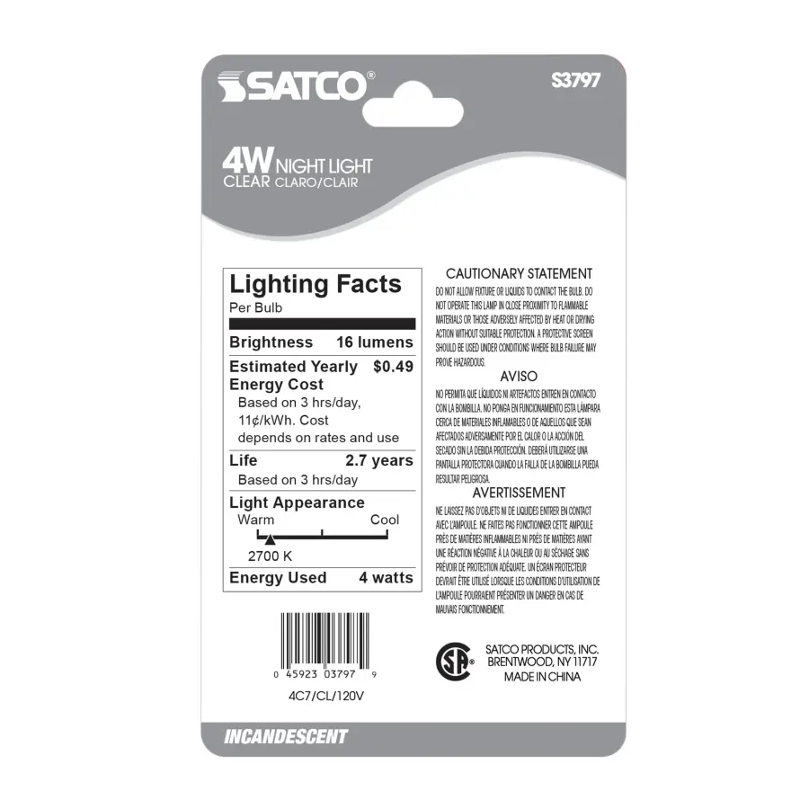4 Watt C7 Incandescent - Clear - 3000 Average rated hours - 16 Lumens - Candelabra base - 120 Volt - 2-Card - Image 3