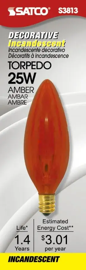 25 Watt BA9 1/2 Incandescent - Transparent Amber - 1500 Average rated hours - Candelabra base - 120 Volt - Image 2
