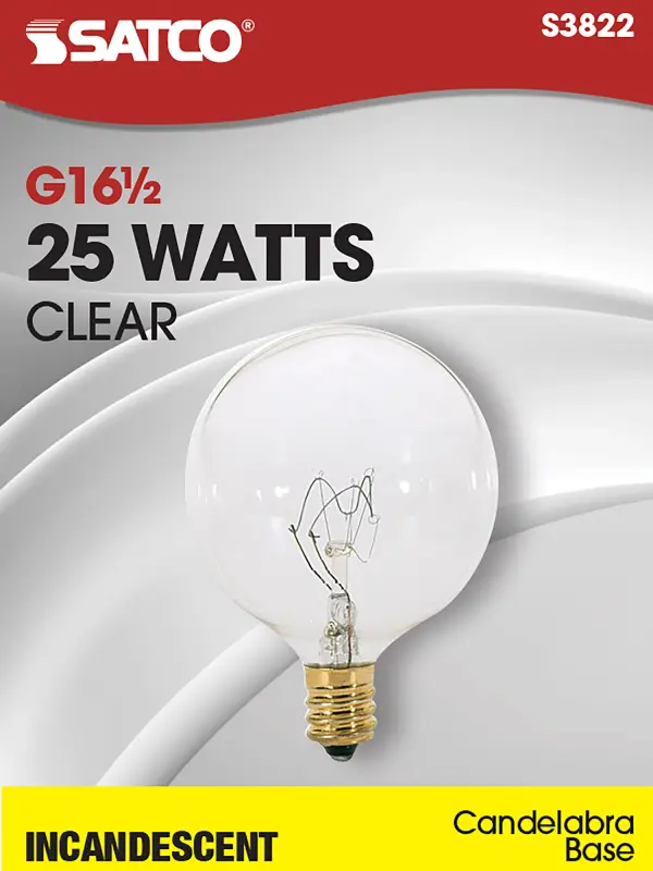 25 Watt G16 1/2 Incandescent - Clear - 1500 Average rated hours - 232 Lumens - Candelabra base - 120 Volt - alternate view