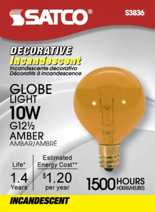 10 Watt G12 1/2 Incandescent - Transparent Amber - 1500 Average rated hours - Candelabra base - 120 Volt - Image 2