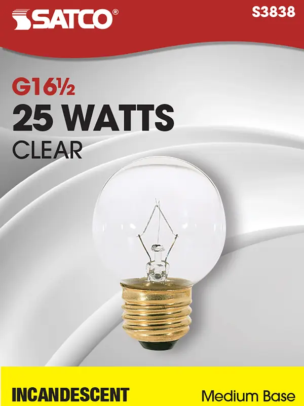 25 Watt G16 1/2 Incandescent - Clear - 1500 Average rated hours - 220 Lumens - Medium base - 120 Volt - alternate view