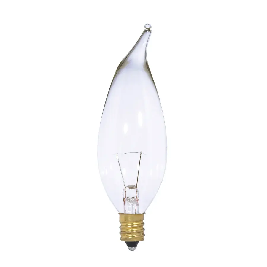 25 Watt CA10 Incandescent - Clear - 1500 Average rated hours - 250 Lumens - Candelabra base - 12 Volt
