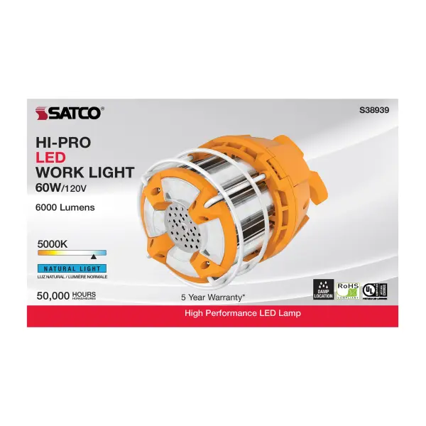 60 Watt LED Hi-Lumen temporary Hi-Bay Caged lamp - 5000K - Integrated Cord / Plug & Hook - 120 Volt - Image 5